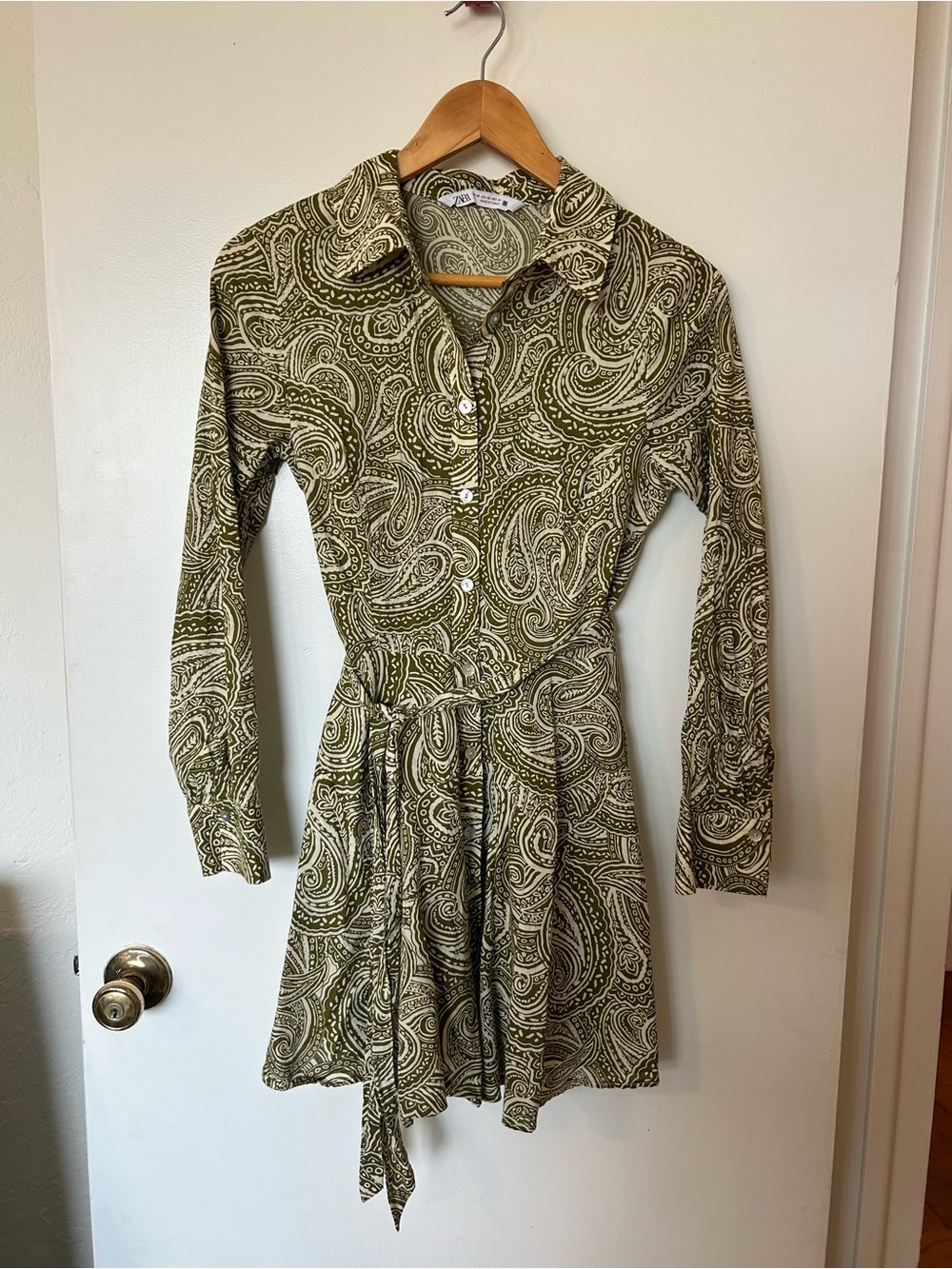Zara Olive Green Paisley Long Sleeve Shirt Dress with Tie Waist